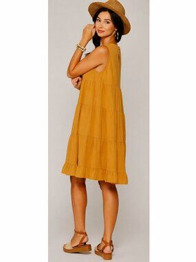 NWT Gigio S 4 6 Goldenrod Swiss Dot Tiered Round Neck Sleeveless Swing Dress